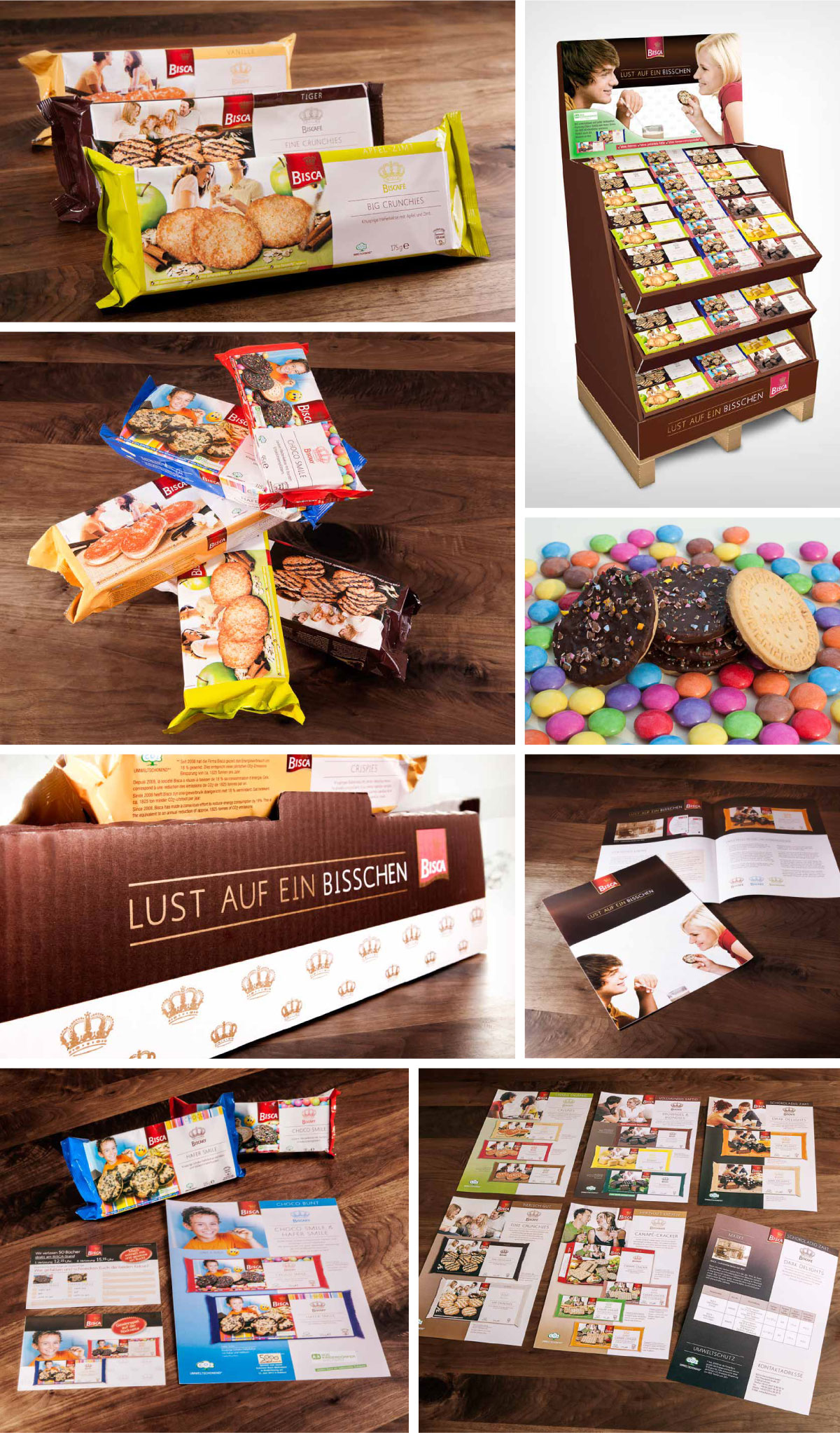 Packaging-Design Food Bisca, Packaging-Design Range Bisca, POS-Display Bisca, Karton Bisca,Imagebroschüre,Bisca VKF-Aktion mit SOS-Kinderdörfer,Bisca Produkt-Flyer zur Verkaufsförderung