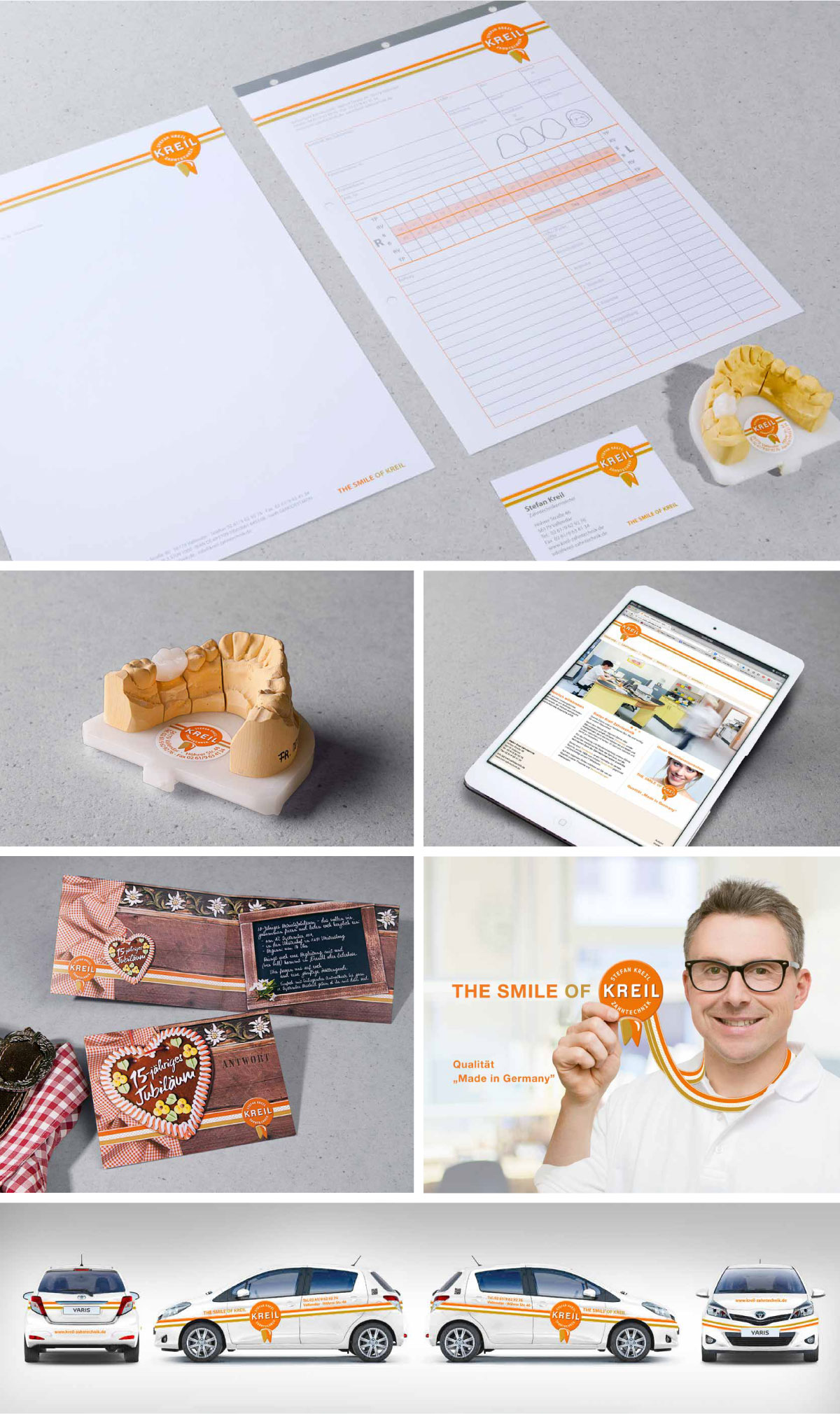 Corporate-Design Kreil Zahntechnik, Aufkleber Kreil Zahntechnik für Zahnmodell, Webdesign Kreil Zahntechnik, Eventeinladung mit Antwortkarte Kreil Zahntechnik, Stefan Kreil mit Claim und Logo, Fahrzeugbeschriftung Kreil Zahntechnik